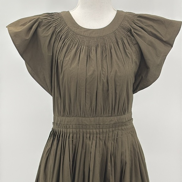 Ulla Johnson Lottie Hand Pleated Cotton Dress in Army - See Measurements - Picture 5 of 9
